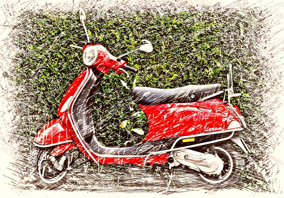 red and black motor scooter, vespa, roller, cult, drawing, colorful, HD wallpaper