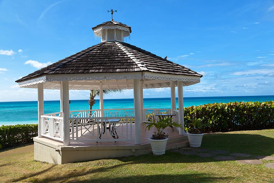 white and brown gazebo, ocean, view, sky, blue, vacation, sea HD wallpaper