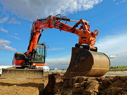 red backhoe on brown soil, excavators, machine, construction machine HD wallpaper