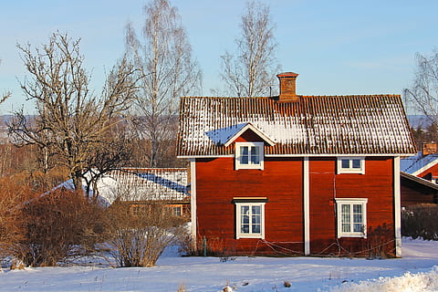 Snow, Winter, Cold, Beautiful, red, traditional, wood, cottage HD wallpaper