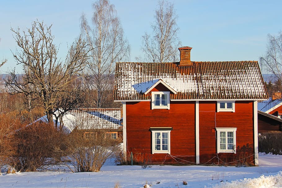 Snow, Winter, Cold, Beautiful, red, traditional, wood, cottage HD wallpaper