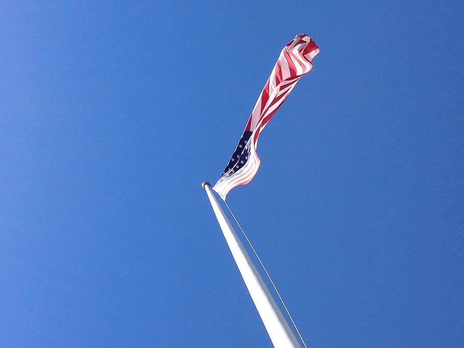 blue, sky, flag, pole, clear sky, patriotism, low angle view HD wallpaper