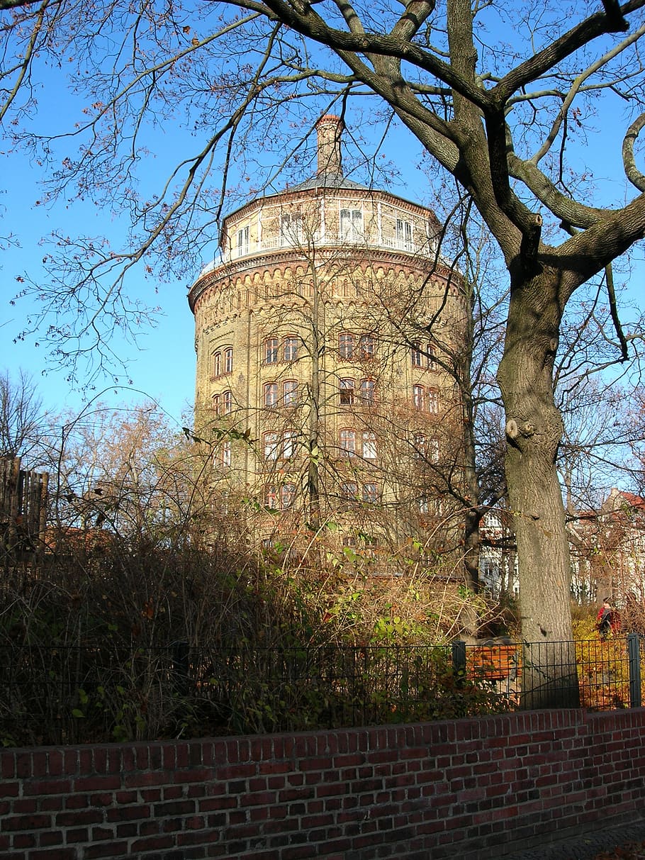 water tower, berlin, pankow, architecture, monument, tree, plant
