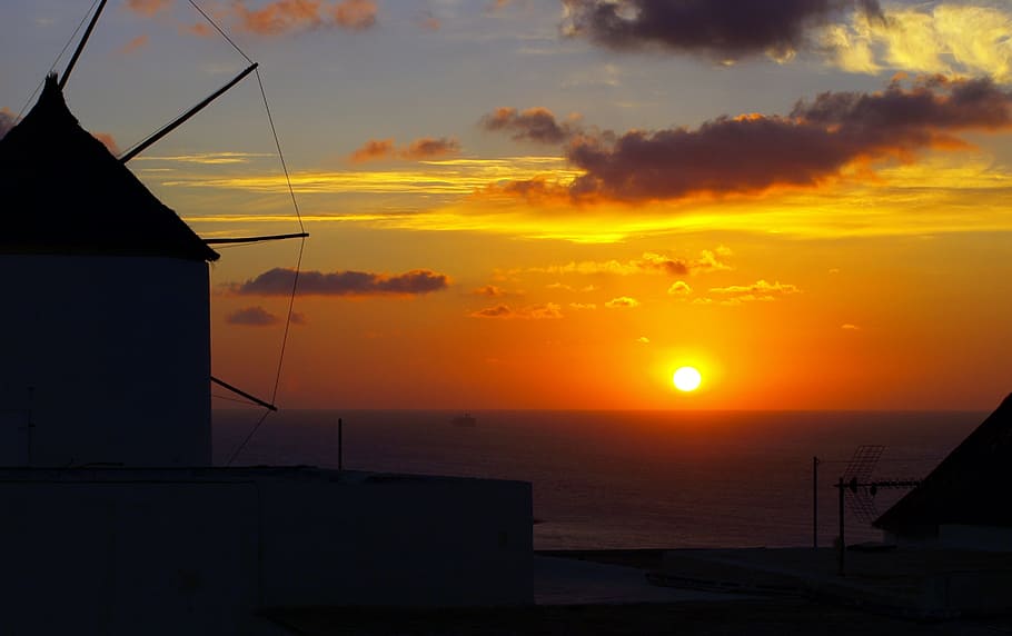 sunset, mill, natural, summer, sky, orange color, sea, scenics - nature HD wallpaper
