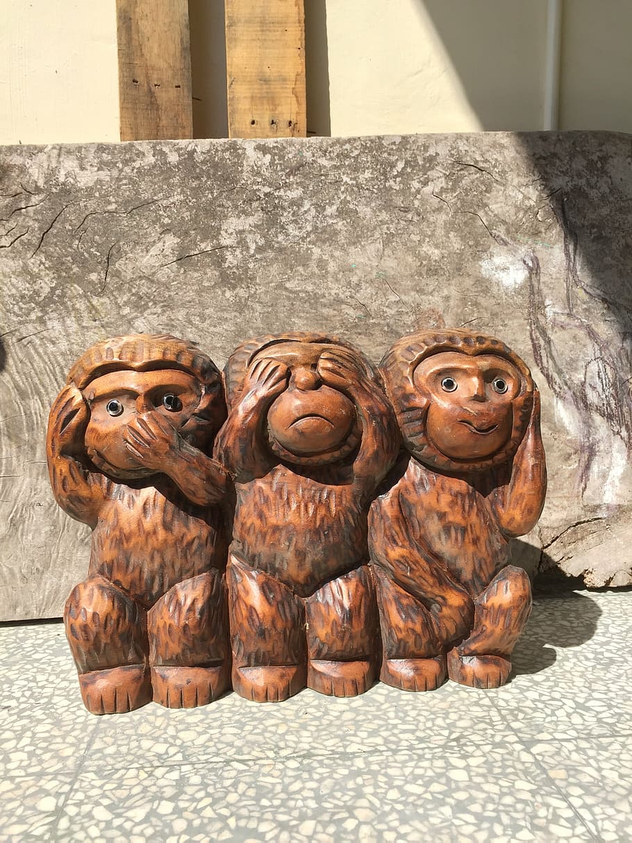 three monkeys, wood head, three no monkey, statue, see no evil, HD wallpaper
