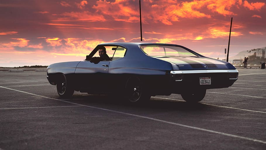 Malibu Montez, gray and black muscle car parked during sunset