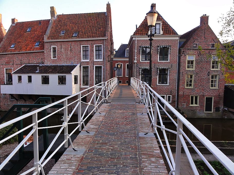 netherlands, appingedam, bridge, town, city, buildings, sky HD wallpaper