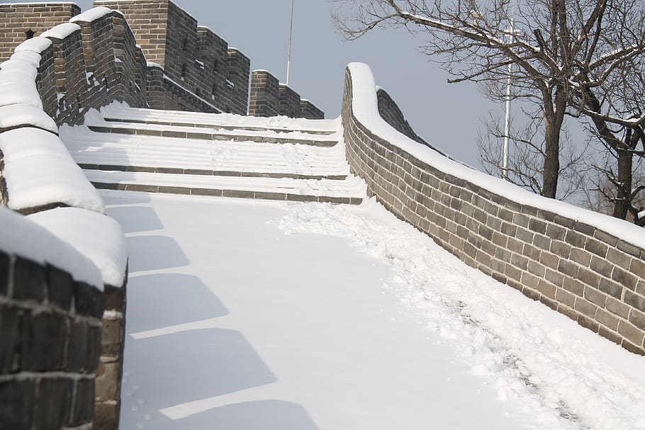 winter, snow, cold, building, stairs, badaling great wall in snow, HD wallpaper