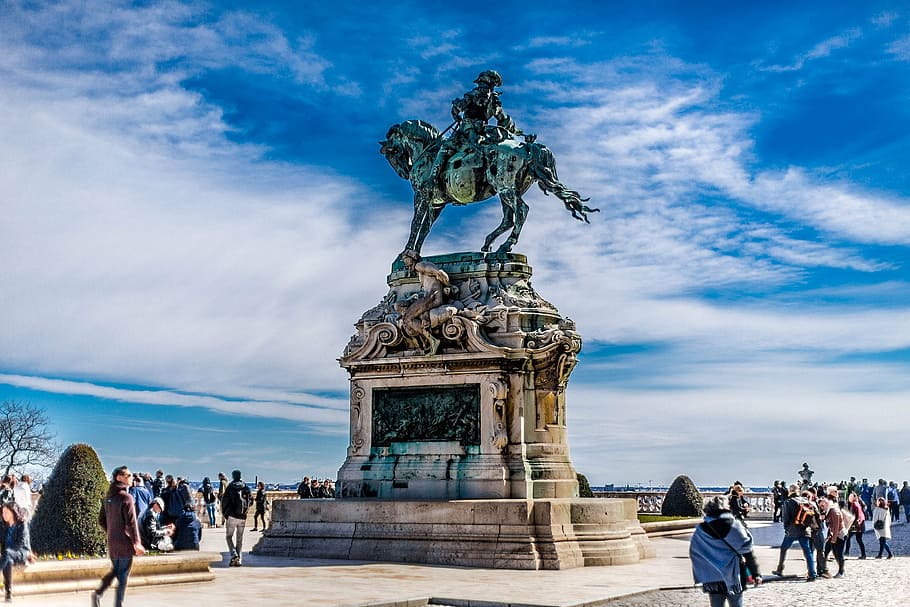 budapest, castle, statue, blue, horse, rider, large group of people HD wallpaper