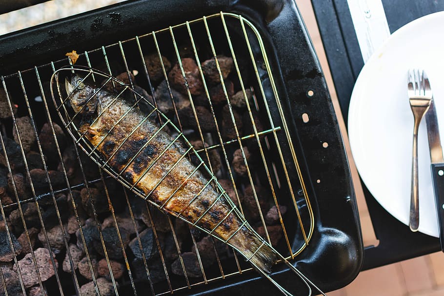Grilled fish, barbeque, grilling, top view, barbecue Grill, food, HD wallpaper