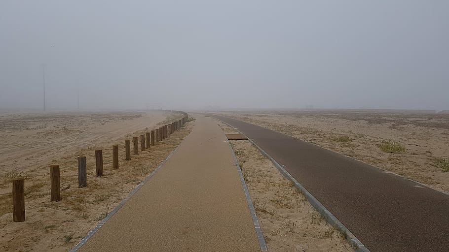 path, beach, sand, fog, walk, loneliness, portugal, mouth of the fig tree HD wallpaper