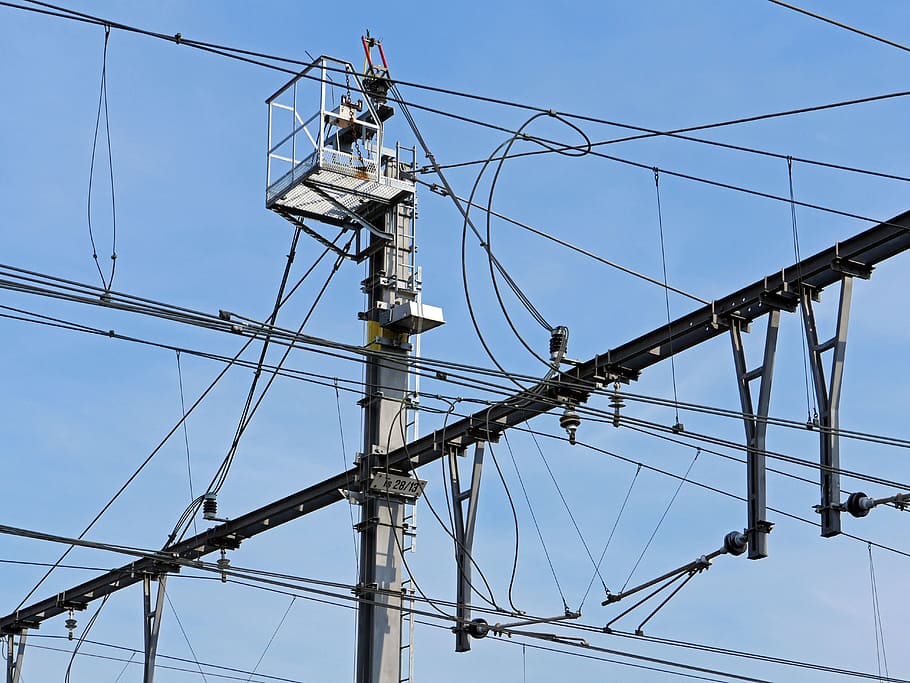 railway, catenary, power supply, mast switch, feed, cross-member, HD wallpaper