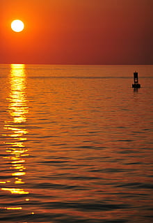 sunset, water, ocean, buoy, dusk, sky, reflection, silhouette HD wallpaper