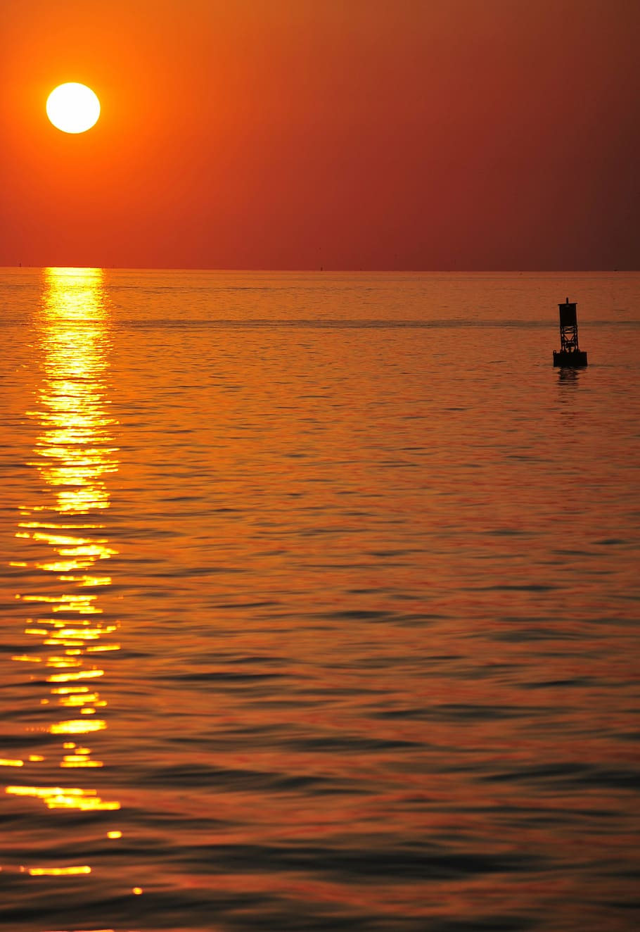 sunset, water, ocean, buoy, dusk, sky, reflection, silhouette HD wallpaper