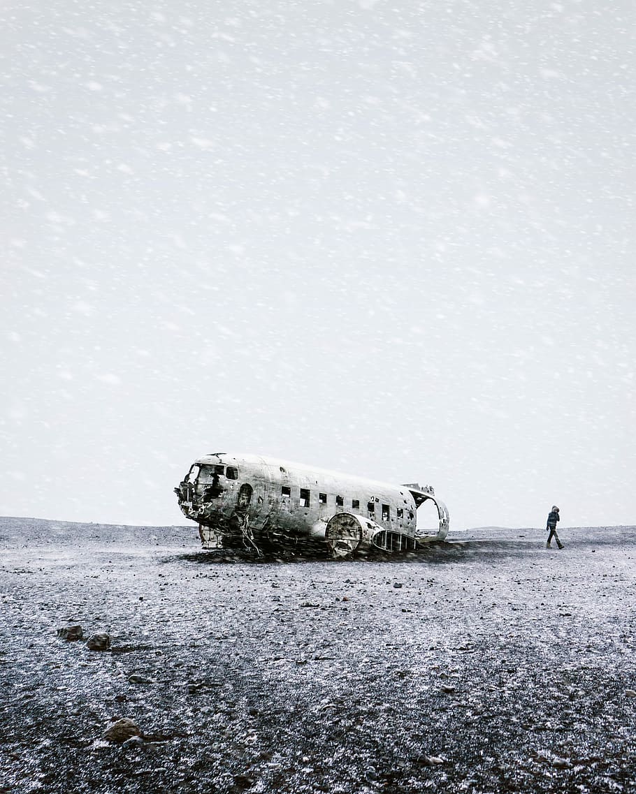 grayscale photo of crushed plane beside person, grayscale photo of wreck air plane, HD wallpaper