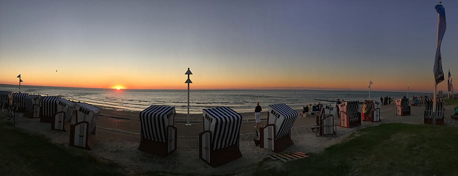 norderney, panorama, beach, summer, beach chair, sky, water HD wallpaper
