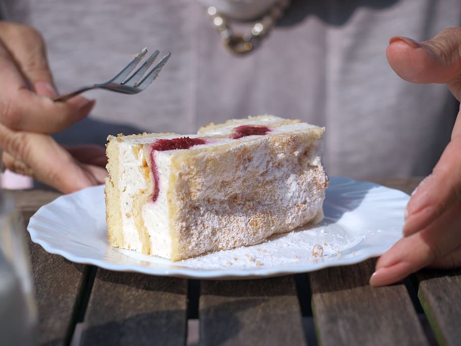 cake, fork, eat, food, food and drink, human hand, human body part HD wallpaper