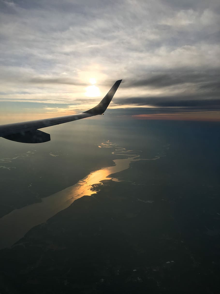 Airplane, Flight, Airline, Wing, Sunset, sky, transportation HD wallpaper