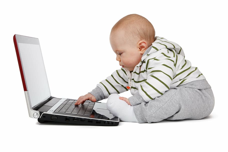 baby using laptop computer, boy, child, childhood, concept, education