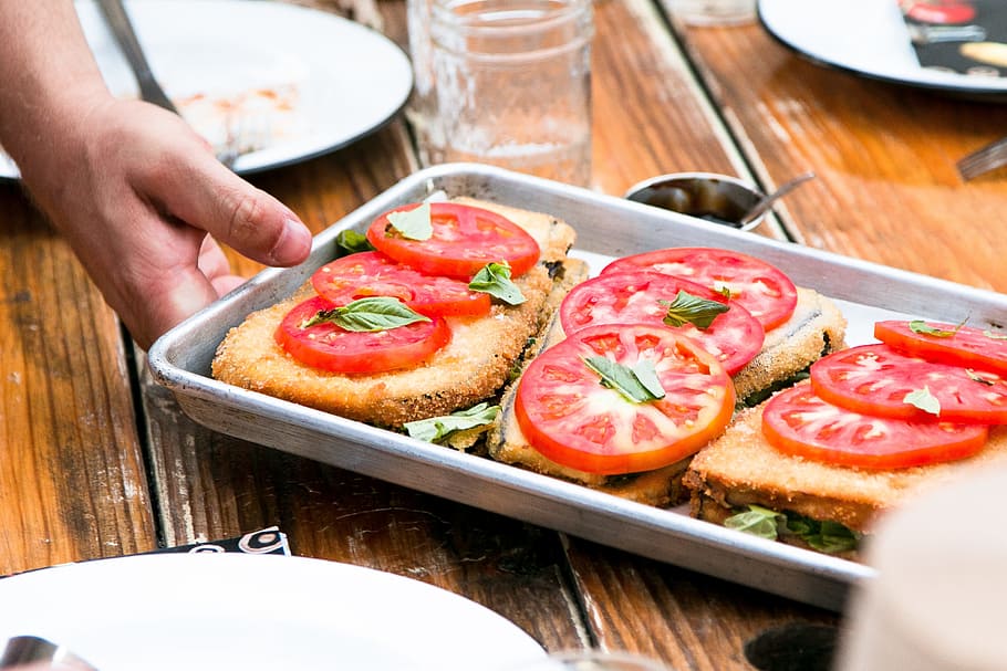 appetizer, dish, food, meal, sliced, tomatoes, food and drink HD wallpaper
