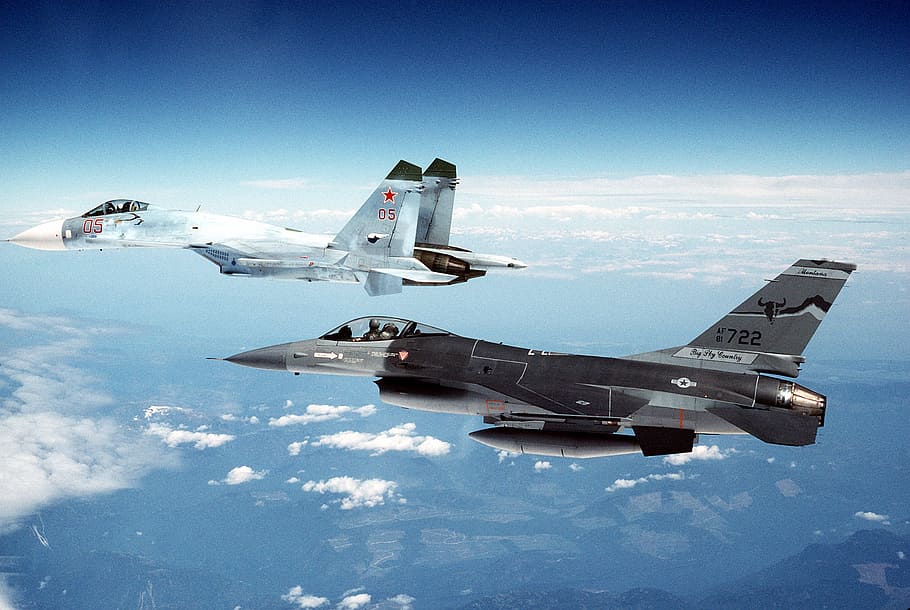 two gray and black fighter planes in flight, Military Aircraft