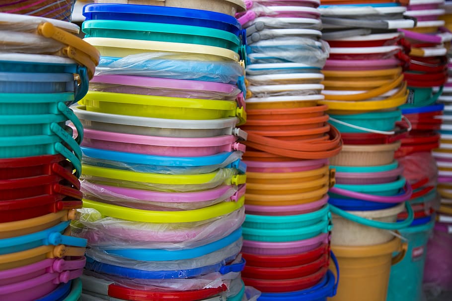 buckets, plastic, colorful, multi colored, stack, large group of objects HD wallpaper