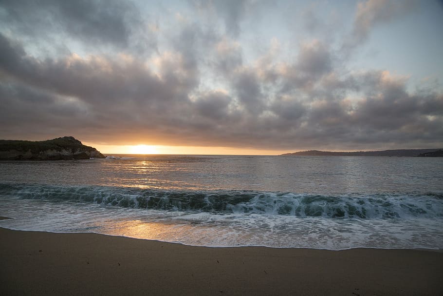 blue sea under cloudy sky, sunset, ocean, surf, beach, shore HD wallpaper
