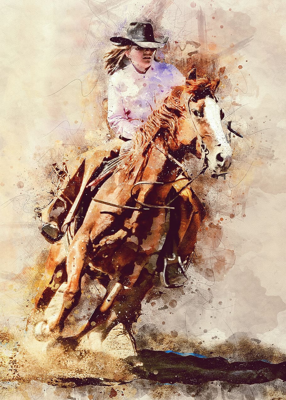 person riding in horse, rodeo, cowgirl, female, human, western