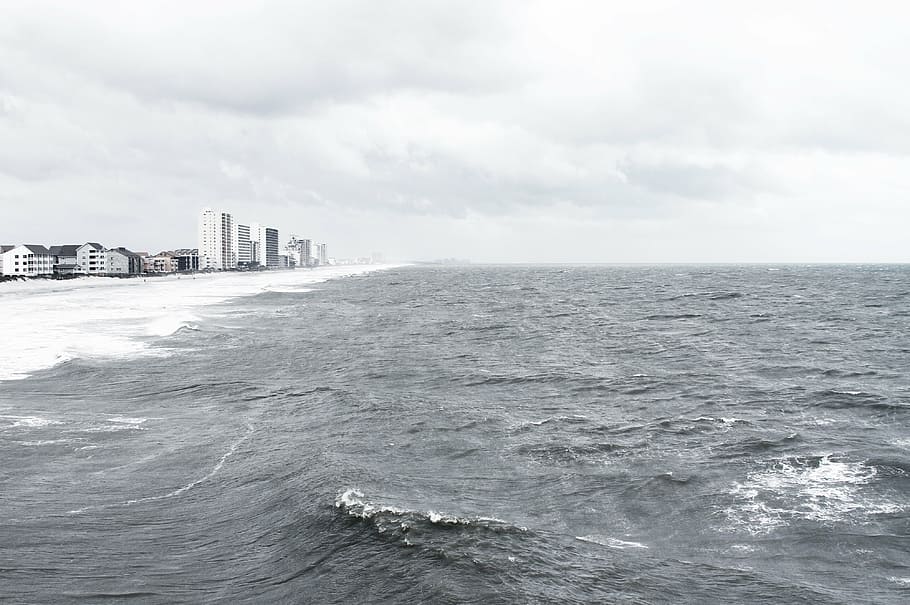 grayscale photo of sea, seawave, beach, sand, shore, ocean HD wallpaper