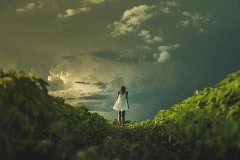 woman wearing sleeveless dress standing on green grass field HD wallpaper