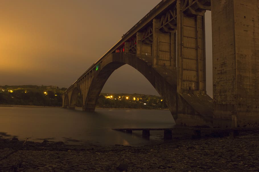 bridge, night, light, sea, river, shore, built structure, connection HD wallpaper