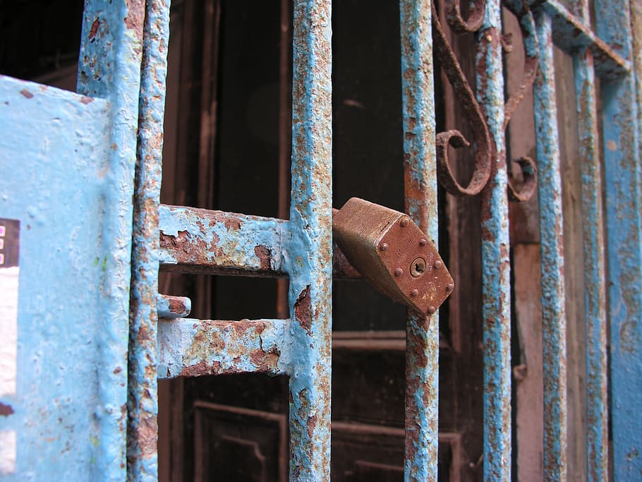 lock, gate, blue, rusty, metal, weathered, abandoned, decline