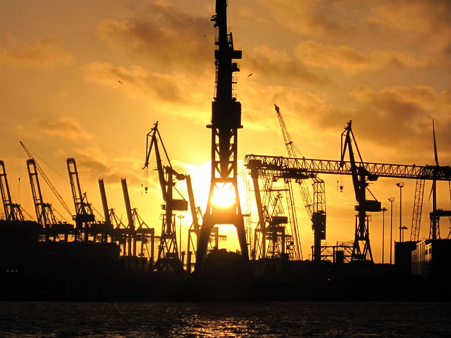 Port Of Hamburg, Harbour Cranes, sunset with silhouette, afterglow, HD wallpaper