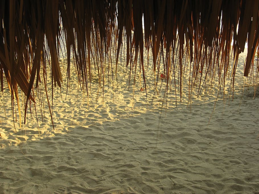 texture, straw, hut, beach, sea, sun, sand, sunset, edge of the sea HD wallpaper