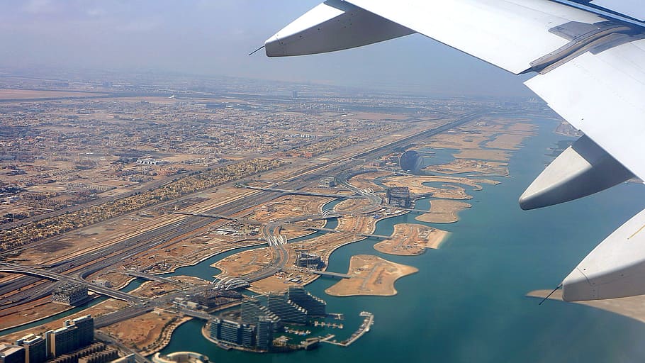 take-off, view from above, abu dhabi, u a e, emirates, persian gulf