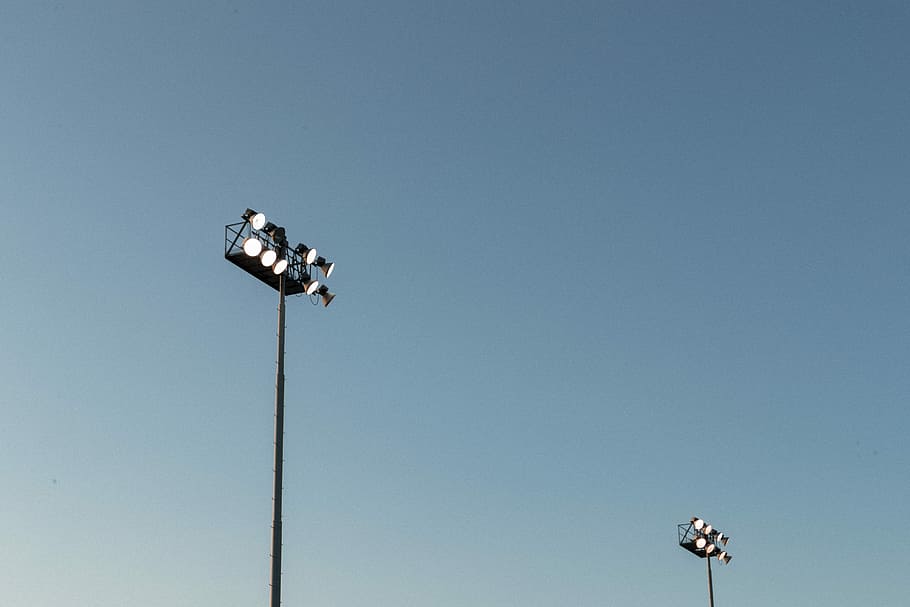 two black track lights, black stadium light under blue sky, field light HD wallpaper