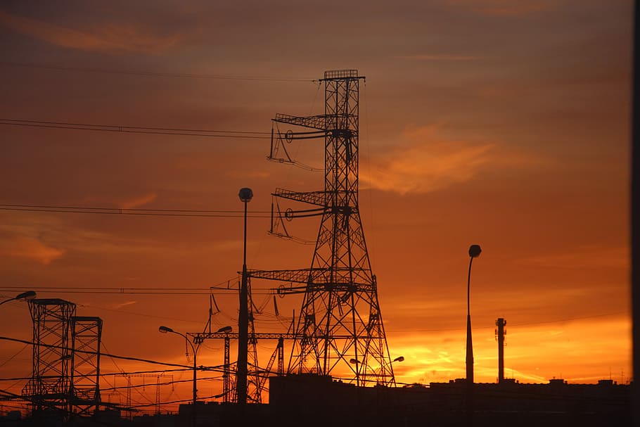 photography of transmission line, industry, energy, sky, technology HD wallpaper
