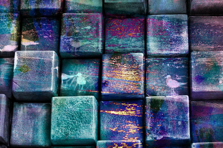 brown and blue brick lot, cubes, squares, blocks, rows, line HD wallpaper