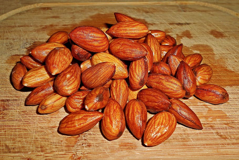 almond nuts placed on brown surface, almonds, kitchen, burning HD wallpaper