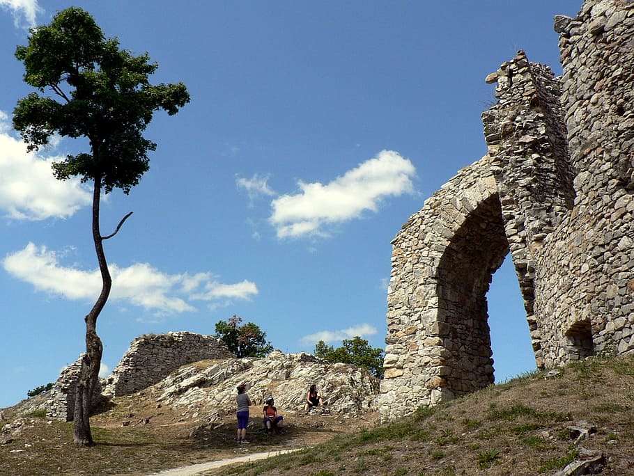 Castle, Tree, Ruins, History, Slovakia, trip, country, the clouds HD wallpaper
