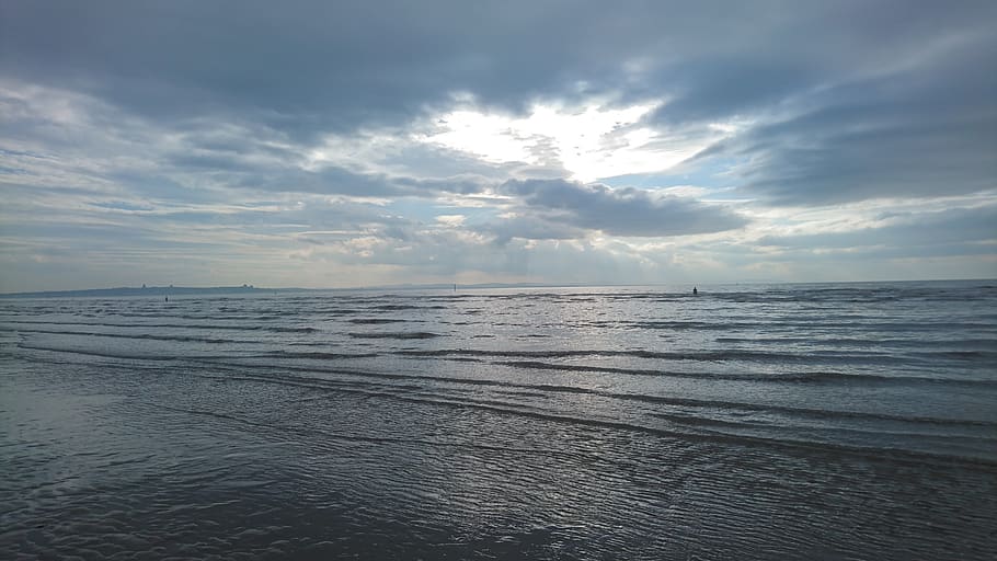 liverpool, crosby beach, sea, water, sky, england, sand, ocean, HD wallpaper