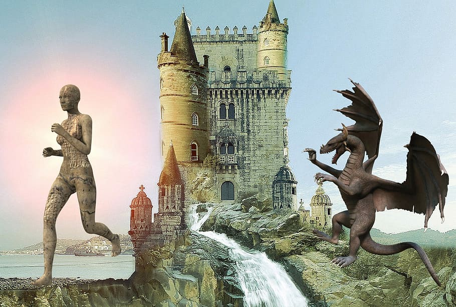 Monster Dragon Attacking Castle with Giant running away, artwork HD wallpaper