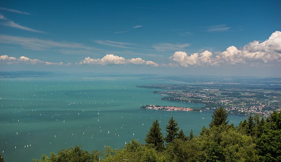 aerial view of city, lake constance, lindau, sailing boats, sky