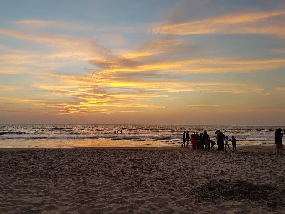 beach, evening, sunset, golden, land, sea, sky, water, sand HD wallpaper