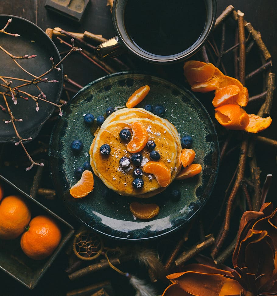 pancakes with orange and blueberry on plate, pancake, orange, and blueberry HD wallpaper