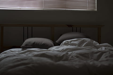 empty white and gray bed set, white quilt inside room, pillows HD wallpaper