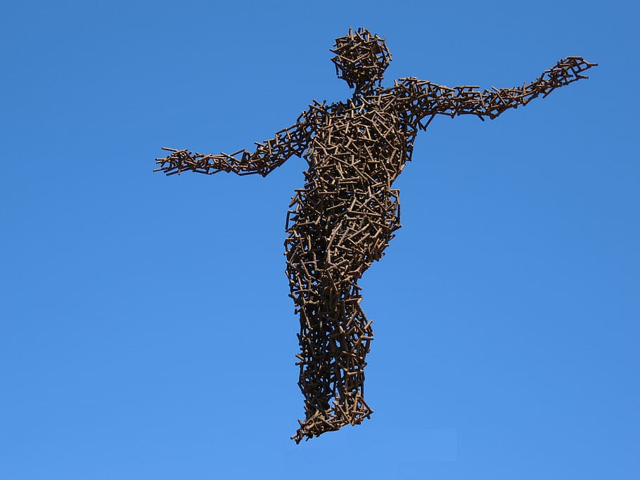 sculpture, eisenmann, metal man, human, sky, blue, iron, tree, HD wallpaper