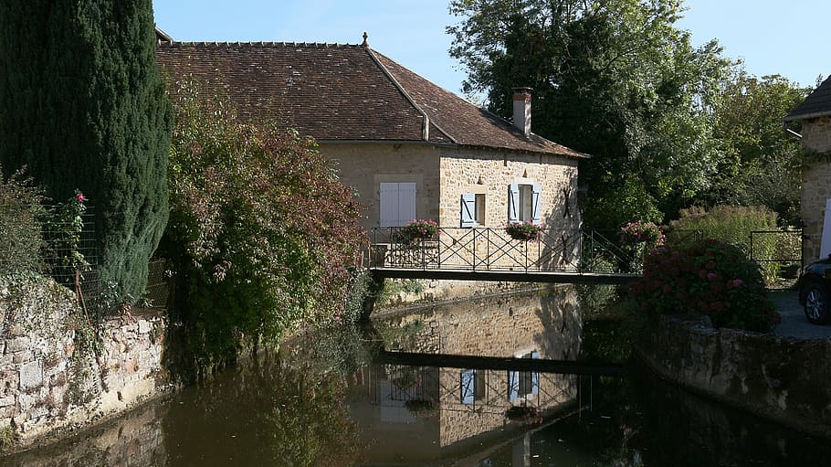 water courses, reflections, river, house, blue, sky, morvan HD wallpaper
