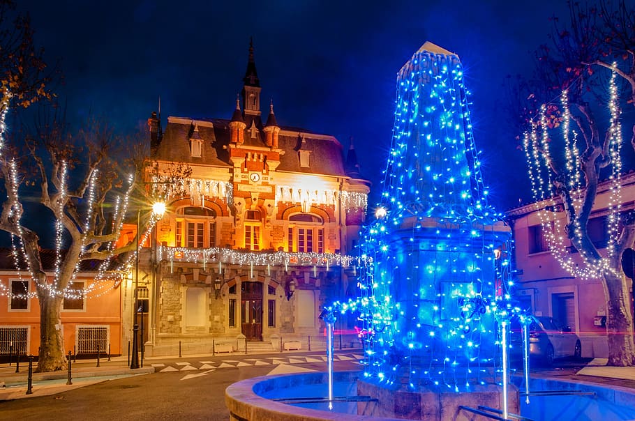 Illuminations, Christmas, Bell Tower, lights, winter, jonquières-saint-vincent HD wallpaper