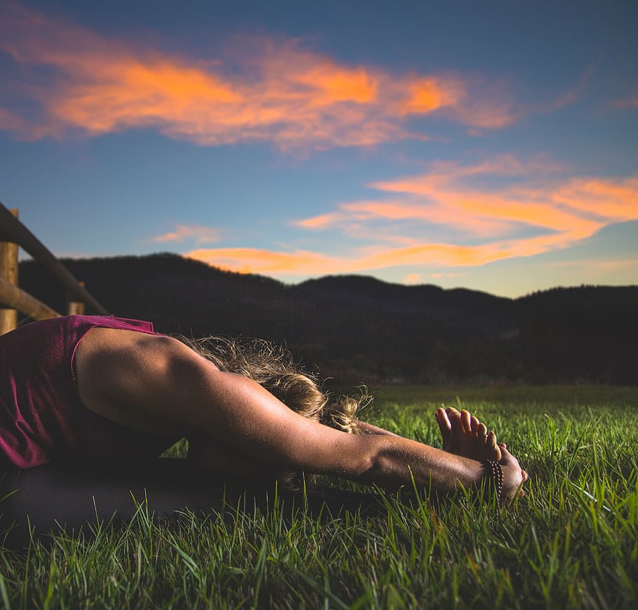 woman sitting on grass doing stretching, adult, dawn, exercise HD wallpaper